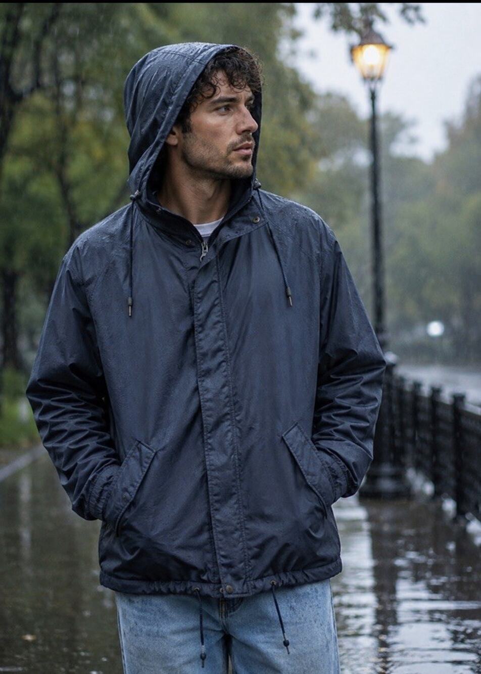 Faconnable VTG Men’s Black Hooded Rain Jacket Sz S Water Repellant Pockets